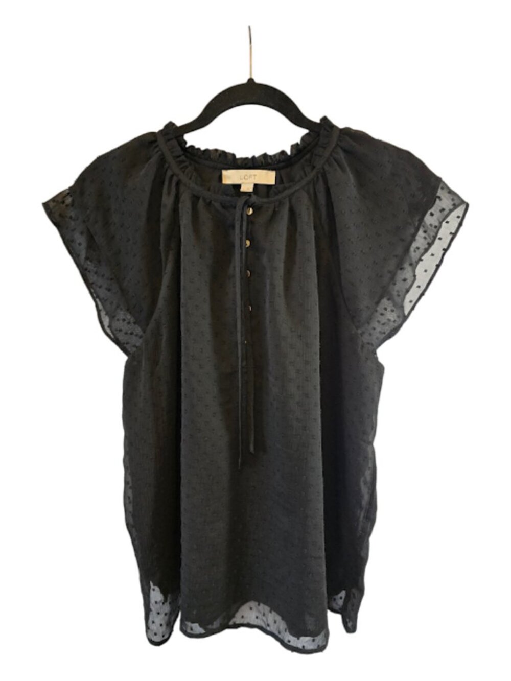 LOFT BLACK SWISS DOT SHEER TOP WITH RUFFLE NECK TIE SIZE LARGE